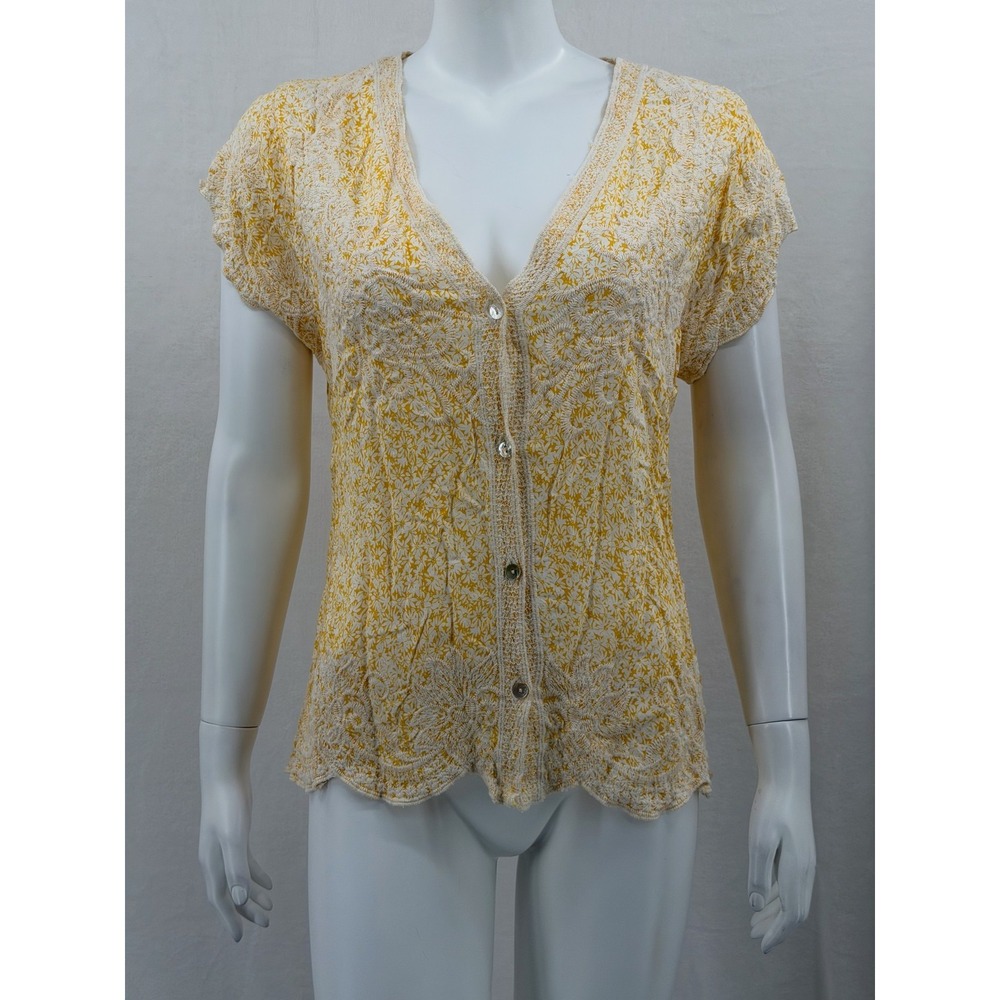 Solitaire Top Womens Large Yellow‎ Floral Button Up Boho Sheer Cottage Feminine